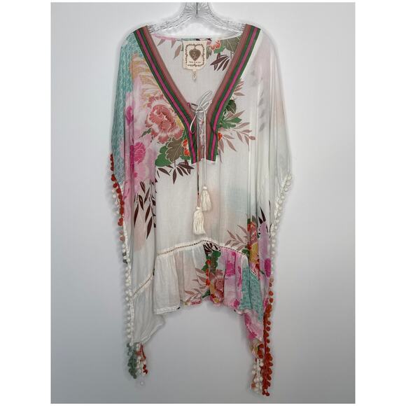 Z&L Europe Floral Print Airy  100% Cotton Pom-Pom Caftan Swim Cover Up OS - Picture 2 of 16